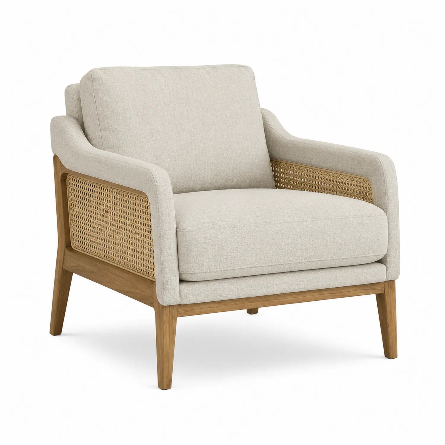 Poltrona in legno e rattan beige con cuscini