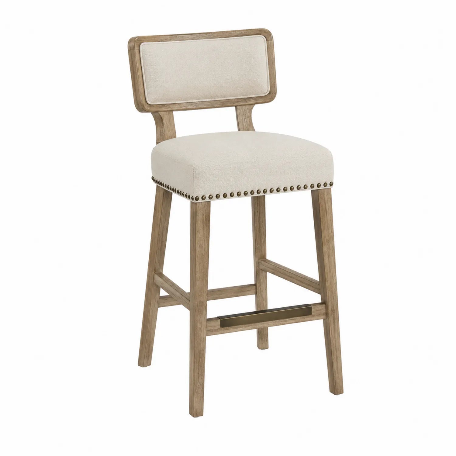 Sgabello da bar in legno e tessuto beige con schienale imbottito