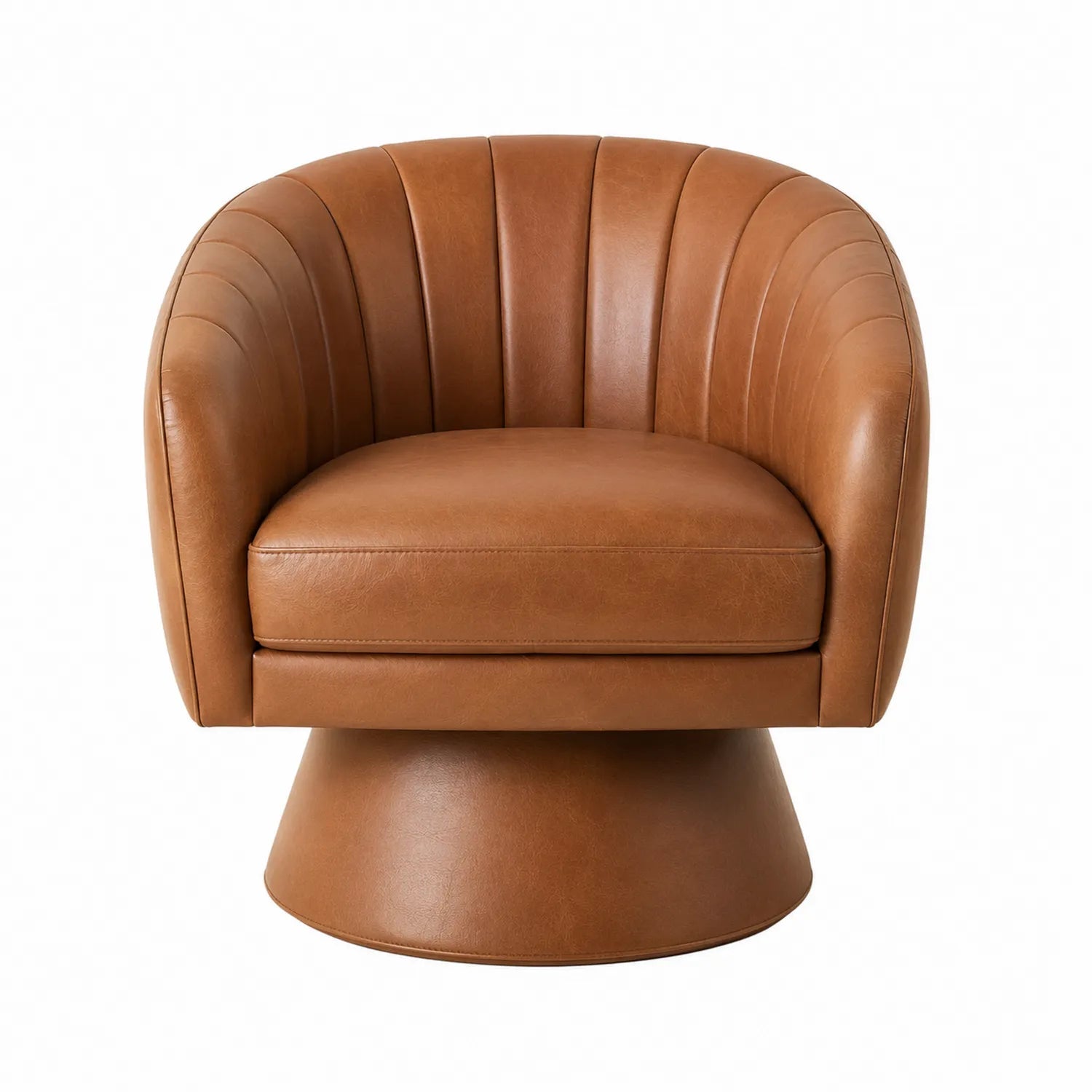 Poltrona girevole in pelle marrone con base a tamburo